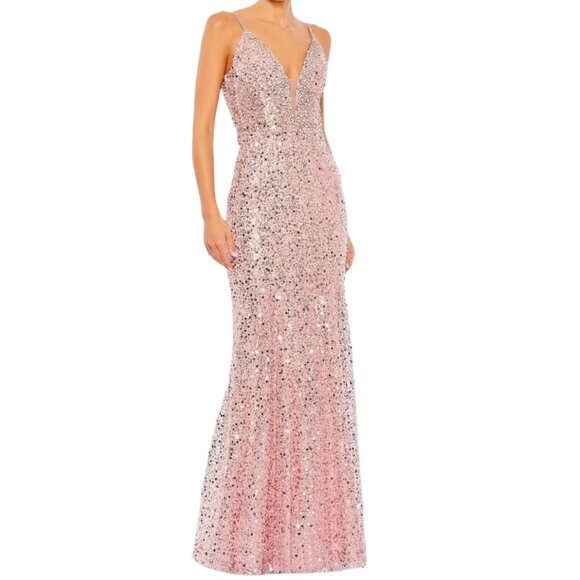 Mac Duggal Pink Embellished Plunge Neck Sleeveless Trumpet Gown, Size 8 - Picture 1 of 5